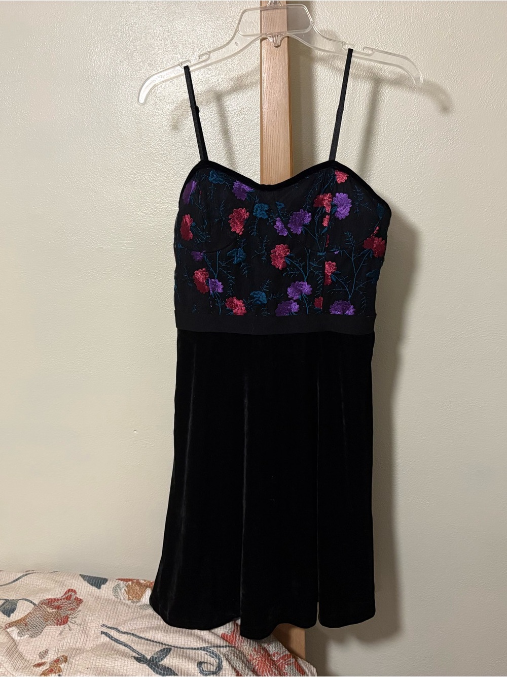 Black Velvet Slip Dress with Multicolor Floral Embroidery